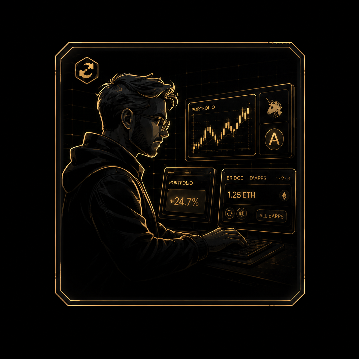 DeFi operator managing crypto positions on a dedicated PRIVY terminal