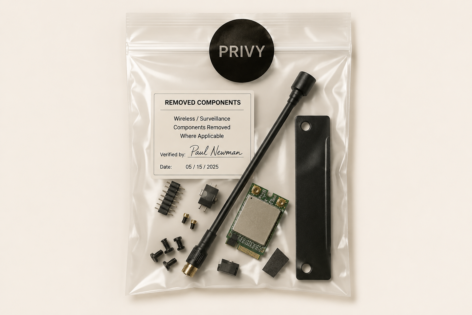 Sealed evidence of components removed from a PRIVY terminal