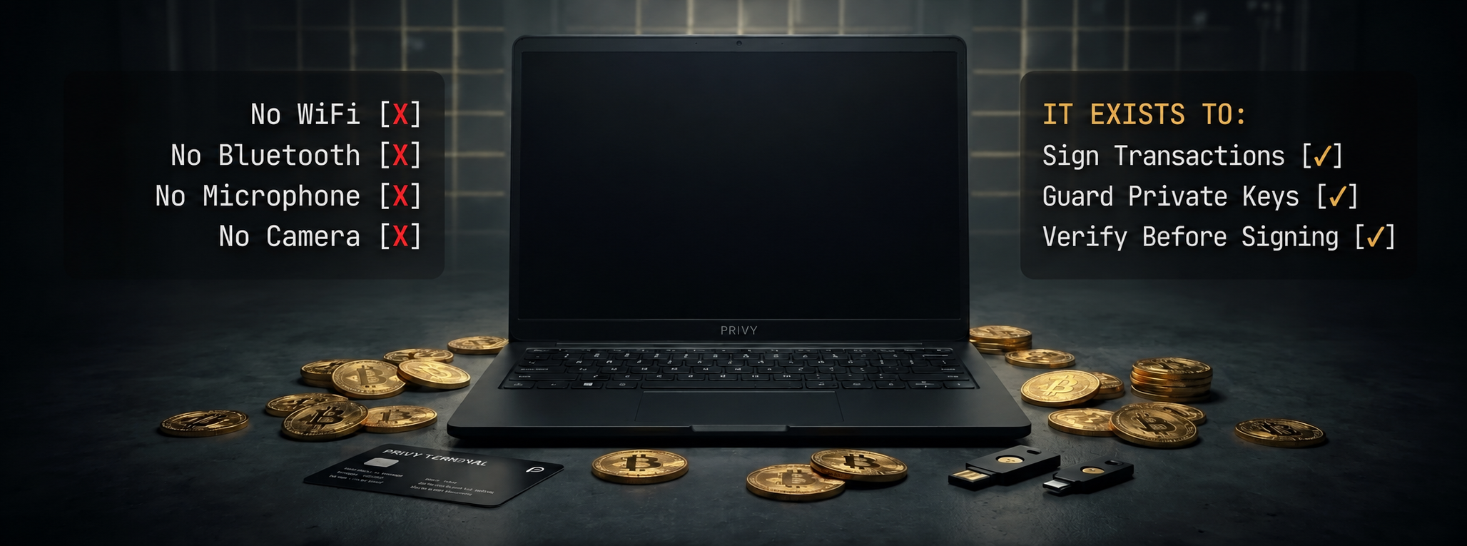 The PRIVY Vault Terminal — Wi-Fi, Bluetooth, microphone, and camera removed; the machine can only sign transactions, store secrets, and protect crypto