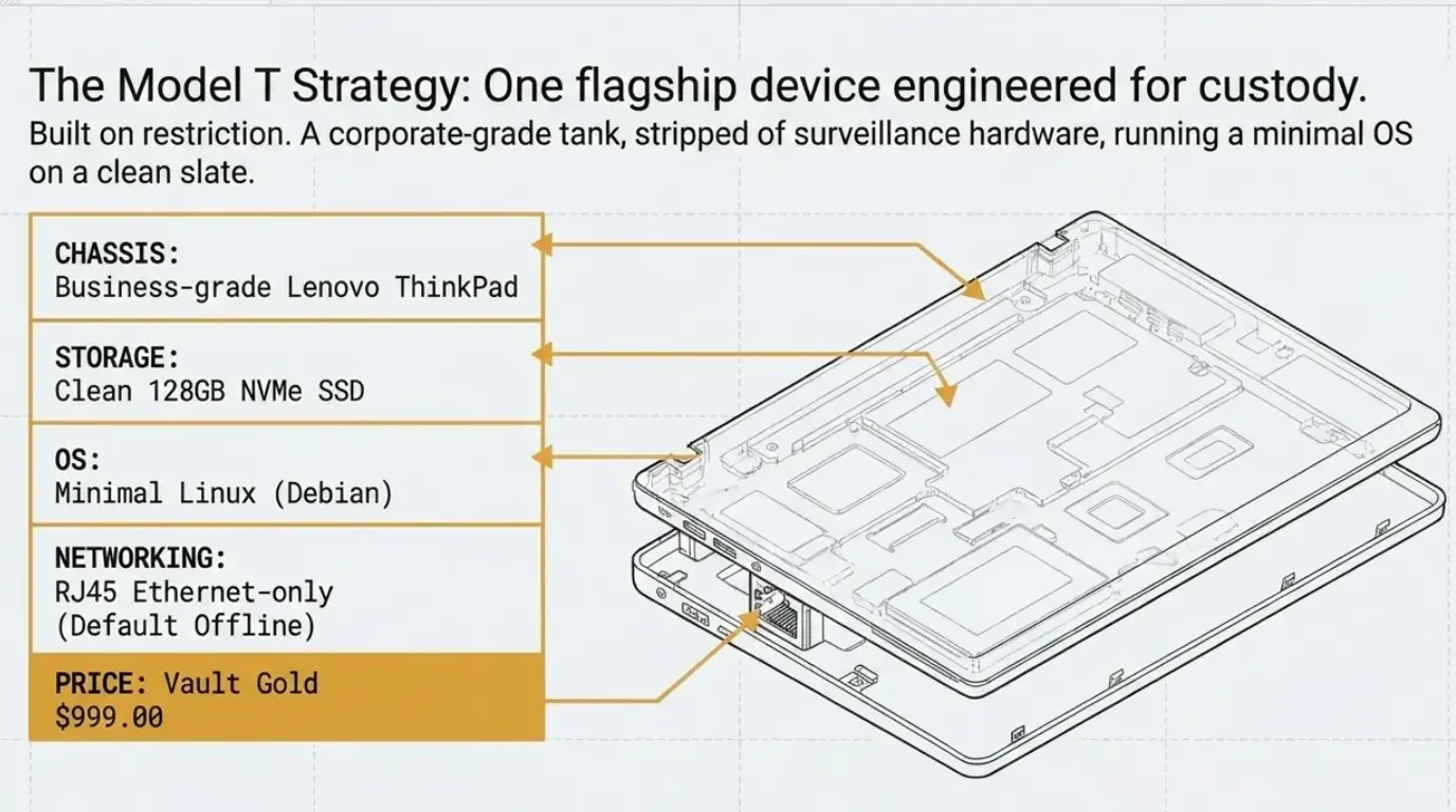 PRIVY Model T strategy slide with specs and custody hardware blueprint