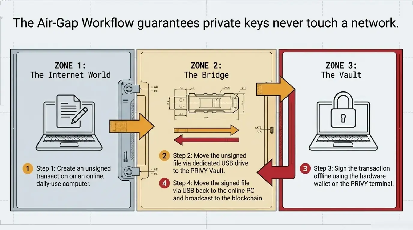 PRIVY three-zone air-gap workflow showing internet world, USB bridge, and the vault terminal